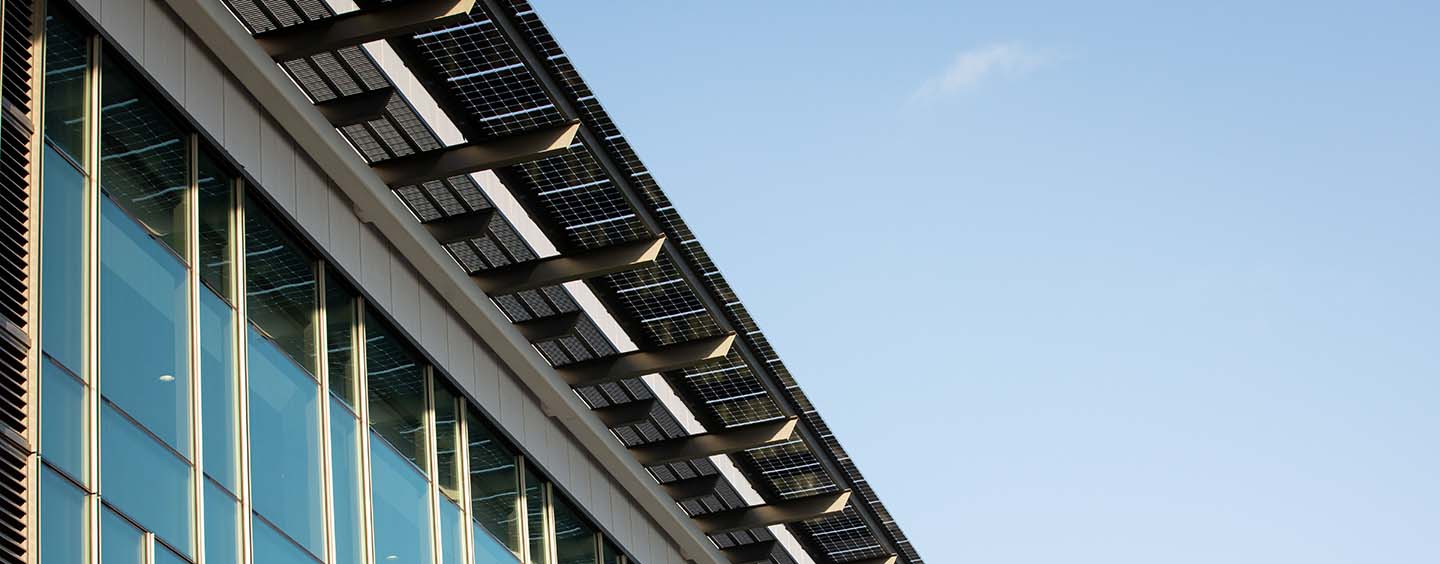 wideshot of photovoltaic panels on the roof of the Featherston building